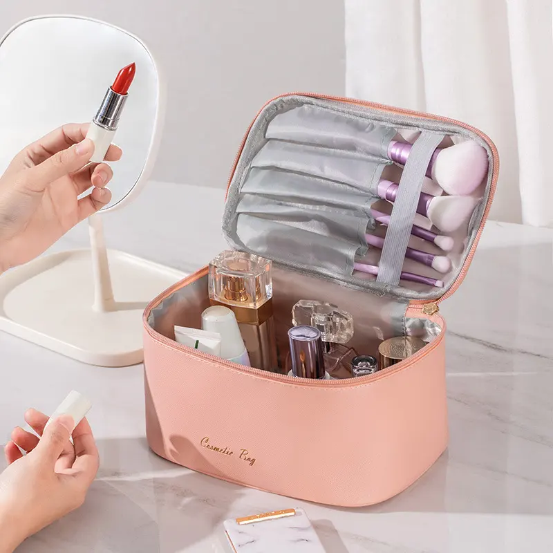 Bolsa de cosméticos durável portátil à prova d'água em couro PU para maquiagem e higiene pessoal de viagem mais vendida