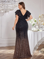 Robe de soirée scintillante à sequins pour femmes grandes tailles, col en V, manches à volants, taille croisée, pour mariages