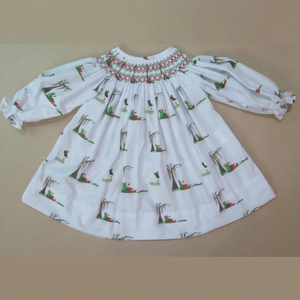 Hand Smocked Christmas Dress for Girls, Santa & Winter Tree Print Long Sleeve White Children Party Dress - Product Image 1