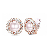 Anting Jepit Kristal Mutiara Merah Muda Berhias Berlian Imitasi Warna Rose Gold Tanpa Tindik Perhiasan Pengantin Wanita untuk Hadiah