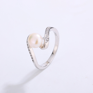 Copper Twisted S Curve CZ Pave Freshwater Pearl Ring Swirl Band Elegant Pearl Jewelry for Women Wedding <b>Gift</b> - Product Image 3