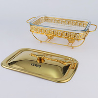 Luxus Gold Eisen rahmen Chafing Dish Hotel Restaurant Lebensmittel Heiz behälter Quadrat Glastopf Alkohol Heizung Chafing Dish