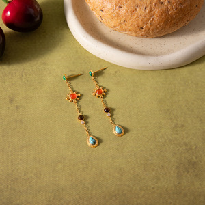 Drop Earrings 18K Gold Plated Natural Stone Teardrop Shape Flower Design Bezel Setting For Women Gift Jewelry Yiwu Origin - Product Image 4