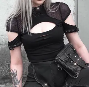 여성 티셔츠 고딕 펑크 블랙 티셔츠 캐주얼 슬림 메쉬 구멍 섹시한 짧은 소매 힙합 여성 탑