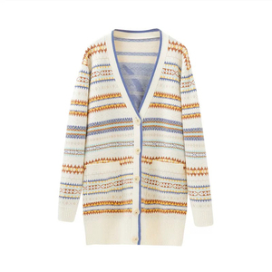 Elegante <span class=keywords><strong>Cardigan</strong></span> Lavorato a Maglia a Righe con Blocchi di Colore, Scollo a V, Maniche Lunghe, Casual da Donna per l'Autunno e l'Uso Quotidiano - Product Image 2