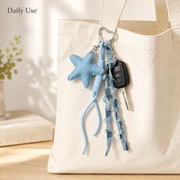 Porte-clés en alliage de zinc fait main avec perles, strass, denim, étoile et cœur, breloque pour sac, cadeau pour femme