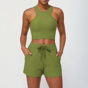 Vêtements d'entraînement côtelés Ensembles <span class=keywords><strong>de</strong></span> yoga Gilet <span class=keywords><strong>de</strong></span> <span class=keywords><strong>sport</strong></span> à dos ouvert Short à ceinture élastique Gym - Product Image 4