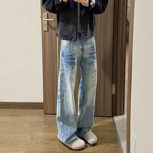 Pantalones Vaqueros de Pierna Recta Azul Deslavado 2025, Estilo Primavera-Otoño para Hombre, Estilo Americano de Calle, Corte Curvo, Ligeramente Acampanados - Product Image 3