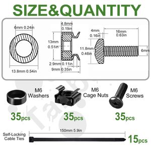Tornillos de montaje en rack M6 con tuercas de jaula y arandelas, acero al carbono negro grado A, 120 piezas en caja - Product Image 4