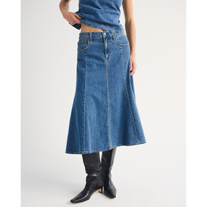 Jupe midi évasée à taille haute, style vintage élégant et décontracté, personnalisée par LEDUO, pour femmes, en tissu denim - Product Image 1