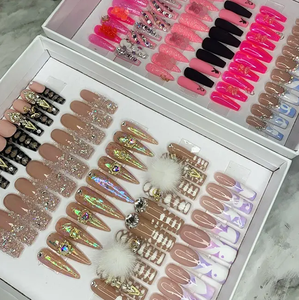 Vente en gros de faux ongles à coller personnalisés, forme ballerine, cercueil moyen, avec motif cœur et perle, style French manucure, en acrylique - Product Image 1