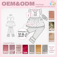 Ensemble de vêtements pour enfants personnalisé OEM ODM, tenue florale rayée en 3 pièces pour petite fille, tunique à volants, leggings avec bandeau assorti à fleurs