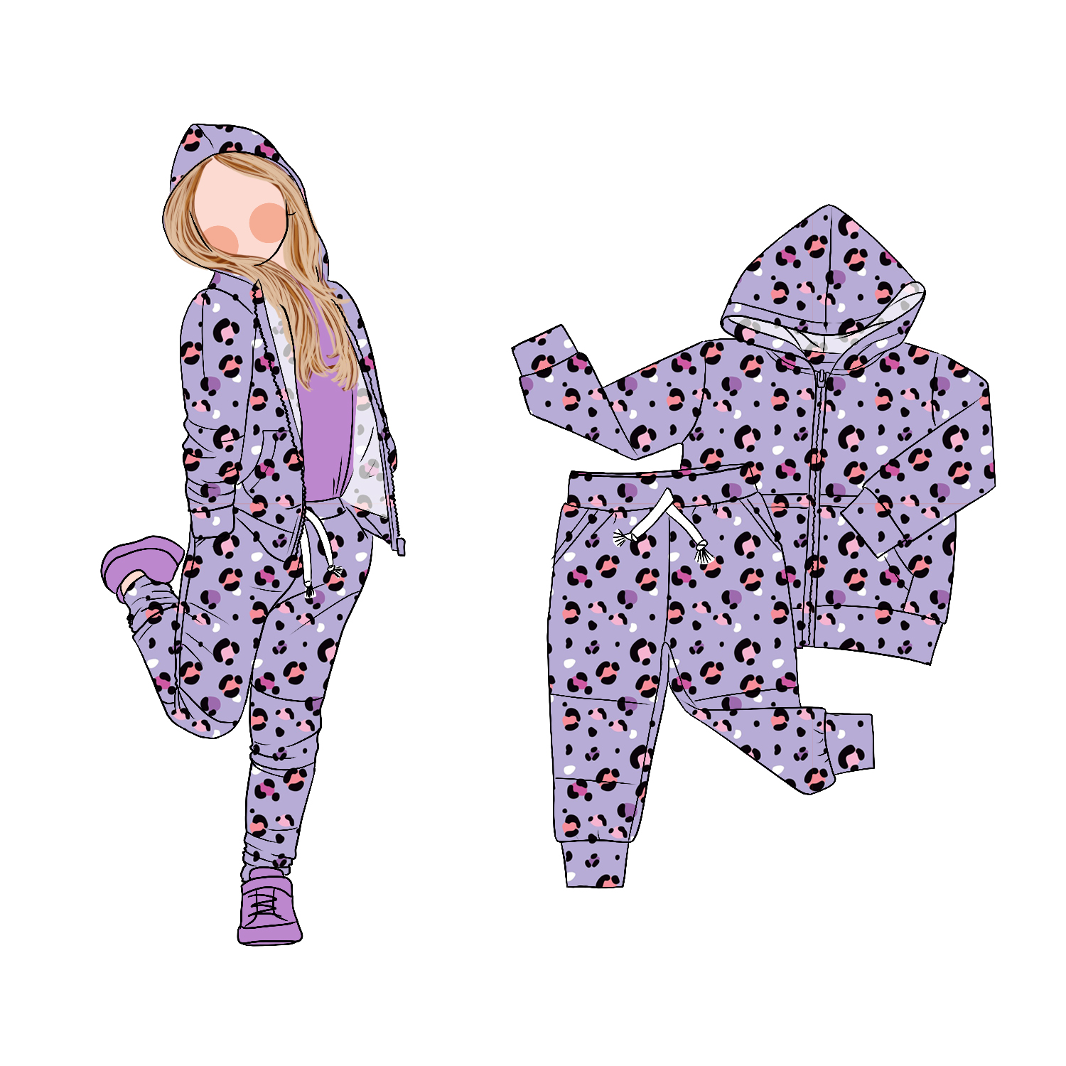 Wholesale Autumn Custom Pattern Leopard Print Baby Girls' Hoodie Set - 2PC Zipper Top & Pants for Little Girls