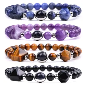 10mm Faceted Amethyst Rose Quartz Bead Bracelet With Crystal Pyramid Tiger Eye Stone Bracelet Yoga Bracelet for Protection