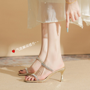 Mules de lujo con pedrería y punta abierta, tacones bajos de última moda para mujer - Product Image 5