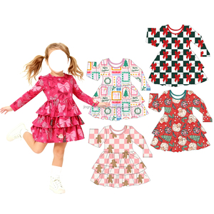 Boutique enfants filles robes de noël trois couches volants à manches longues bébé robe longueur genou plissé belles jupes pour les filles - Product Image 1