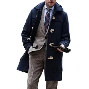 Men's Shiny Long-Sleeved Sports Overcoat Wool & Blends Cotton Shell Solid Pattern Woolen Fabric Long Beaded Overcoat