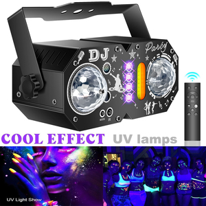 Projecteur de fête <span class=keywords><strong>DJ</strong></span> 7-en-1 : Effets UV, boule magique, vague d'eau, LED Wash, stroboscope doré, laser avec télécommande et support - Product Image 3
