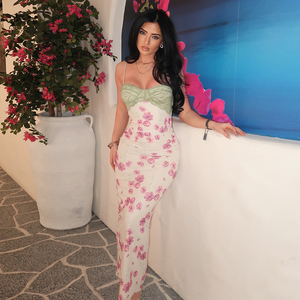 Vestido Midi de Encaje Floral con Doble Capa y Tirantes Finos para Mujer, Vestido de Verano para Vacaciones - Product Image 2