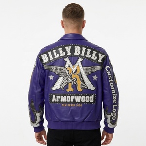 Blouson <span class=keywords><strong>Bomber</strong></span> en Cuir Véritable pour <span class=keywords><strong>Homme</strong></span> OEM, Style Urbain, Personnalisable avec Broderie Appliquée et Strass, en Peau d'Agneau, Type Varsity - Product Image 1