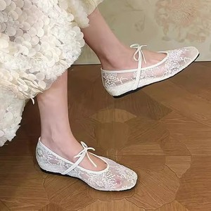Chaussures de ballet respirantes en maille brodée pour femmes, beige, avec nœud, bout carré, semelle intermédiaire légère en EVA, semelle extérieure en caoutchouc, tendance - Product Image 4