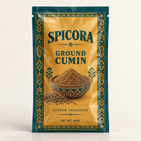 Sachet d'emballage personnalisé à trois soudures latérales pour cumin moulu avec film barrière anti-humidité et emballage d'épices sous marque privée