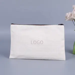 Custom Eco Friendly Recycle Organic Plain Cotton Zipper Make Up Case Large Vanity Linen Pouch Natural Canvas Cosmetic Makeup Bag