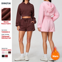Ensemble de sport en polaire deux pièces pour femmes, 65% polyester, 35% coton, capuche, fermeture éclair sur le devant, manches longues, short à cordon de serrage, vêtements de sport