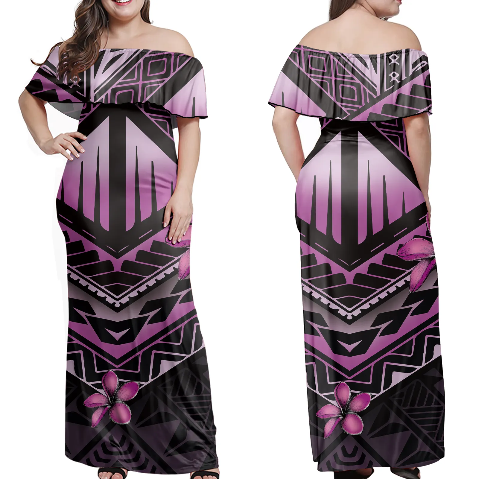 Purple Sparkle Polynesia Dress Tribal Stripe Off Shoulder Samoan Tattoo Sexy Elegant Custom Logo Print Plus Size Women's Dresses