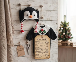 Ensemble barboteuse bébé pingouin au crochet fait main à manches longues avec bonnet, tenue de Noël pour tout-petit - Product Image 2