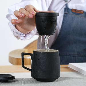 Tasse à <span class=keywords><strong>café</strong></span> en argile avec poignée en bois, tasse à <span class=keywords><strong>café</strong></span> vintage en céramique et grès avec infuseur à thé, <span class=keywords><strong>thermos</strong></span> rétro noir uni - Product Image 2