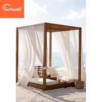 Ensemble de mobilier d'extérieur de style moderne et luxueux Lit de jour double en teck avec rideau Lit de jour cabane latérale pour piscine avec baldaquin