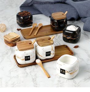 Prix de gros bidon de stockage des aliments 3 pièces bols à sucre ensemble de pots à café en céramique pot d'assaisonnement en céramique avec couvercle cuillère et plateau - Product Image 2