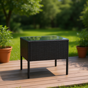 Mesa Auxiliar para Exterior de 20.9x14.6x18.9 Pulgadas, Vidrio Templado, Ratán Sintético, Color Negro, Diseño Contemporáneo - Product Image 2