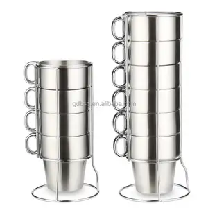 Heat Insulated Stackable Stacking Double Wall Stainless Steel Coffee Mug With Handle Stainless Steel Coffee Cup Set