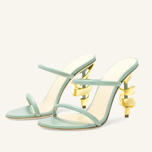 <span class=keywords><strong>Grande</strong></span> <span class=keywords><strong>taille</strong></span> 45 femmes irrégulière métal doré talons hauts <span class=keywords><strong>Mules</strong></span> bout ouvert sans lacet sandales été Double bretelles pompes chaussures - Product Image 3