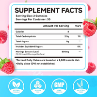 Gomitas de Extracto de Hoja de Moringa Veganas Sin Azúcar con Sabor a Frambuesa de Marca Privada, 800 mg, Suplemento de Apoyo Energético, Inmunitario y Antioxidante