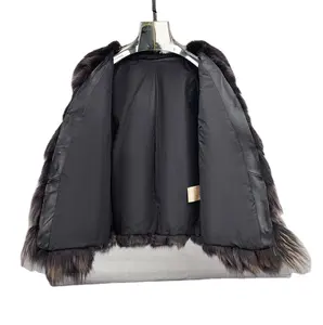 China fornecedor mulheres gola v real prata preto raposa casaco com pele de carneiro dentro
