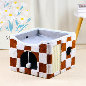 Maison pliable pour chat, lit en peluche pour animaux de compagnie avec griffoir, abri pour chat d'intérieur à 2 niveaux, utilisation hivernale - Product Image 6