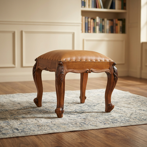 French Retro Unique Design <b>Stool</b> Style Leather Ottoman Genuine Leather Upholstery Dining Chair Carved Wooden <b>Stool</b> Upholstered - Product Image 3