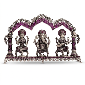 Ensemble d'idoles Ganesha Lakshmi Saraswati en argent 92,5 orné de rubis, statue religieuse décorative pour temple et maison - Product Image 5