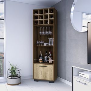Mueble Bar con Capacidad para 12 Botellas, 2 Estantes y 1 Cajón, Madera Maciza de Caoba, Moderno, Independiente, Mueble de Almacenamiento - Product Image 4