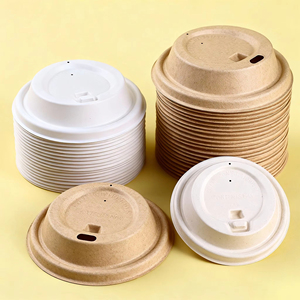 Vasos Ecológicos Personalizados con Tapa Abatible de Pulpa de Caña de Azúcar, Color Blanco Beige, para Café, Leche, Té, Jugo y Bebidas - Product Image 4
