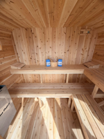 Sauna extérieur moderne en bois massif de cèdre rouge et de pruche, avec panneau de commande informatisé, poêle 4,5 kW, alimentation secteur, pour 6 personnes, vapeur sèche