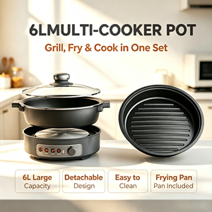 Marmite électrique multifonctionnelle détachable 6L, cuisinière électrique avec <span class=keywords><strong>plaque</strong></span> de <span class=keywords><strong>cuisson</strong></span>, revêtement antiadhésif, vente en gros usine, OEM disponible - Product Image 1