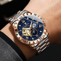 Montre mécanique entièrement automatique pour homme, acier inoxydable, squelette en métal, tourbillon, cadran à aiguilles lumineuses, résistance à l'eau 50 m