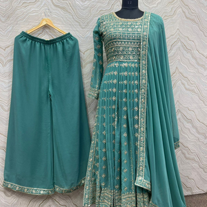 Traje Anarkali para mujer con estampado étnico verde de último diseño en tendencia con pantalones y conjunto Dupatta para mujer a precio asequible - Product Image 1