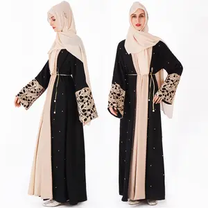 金色蕾丝黑珍珠黑色abaya 2023正面开放和服阿拉伯风格迪拜穆斯林abaya黑色和金色abaya