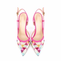 Été Sexy Talons fins Femmes Pompes Chaussures Pointed Toe Fashion Colorful Argyle Checks Patterns Ladies Slingbacks Party Sandals