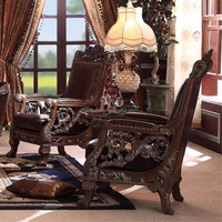 Ensemble de canapés classiques de luxe en bois sculpté de style américain, canapé en cuir marron sculpté, canapé de villa américain antique